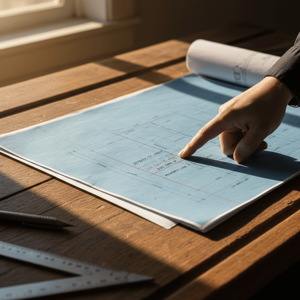 Detailed blueprint showing setback and property line measurements