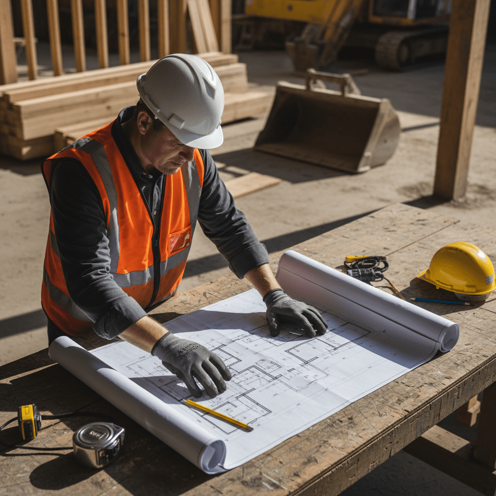 Contractor reviewing ADU blueprints on site