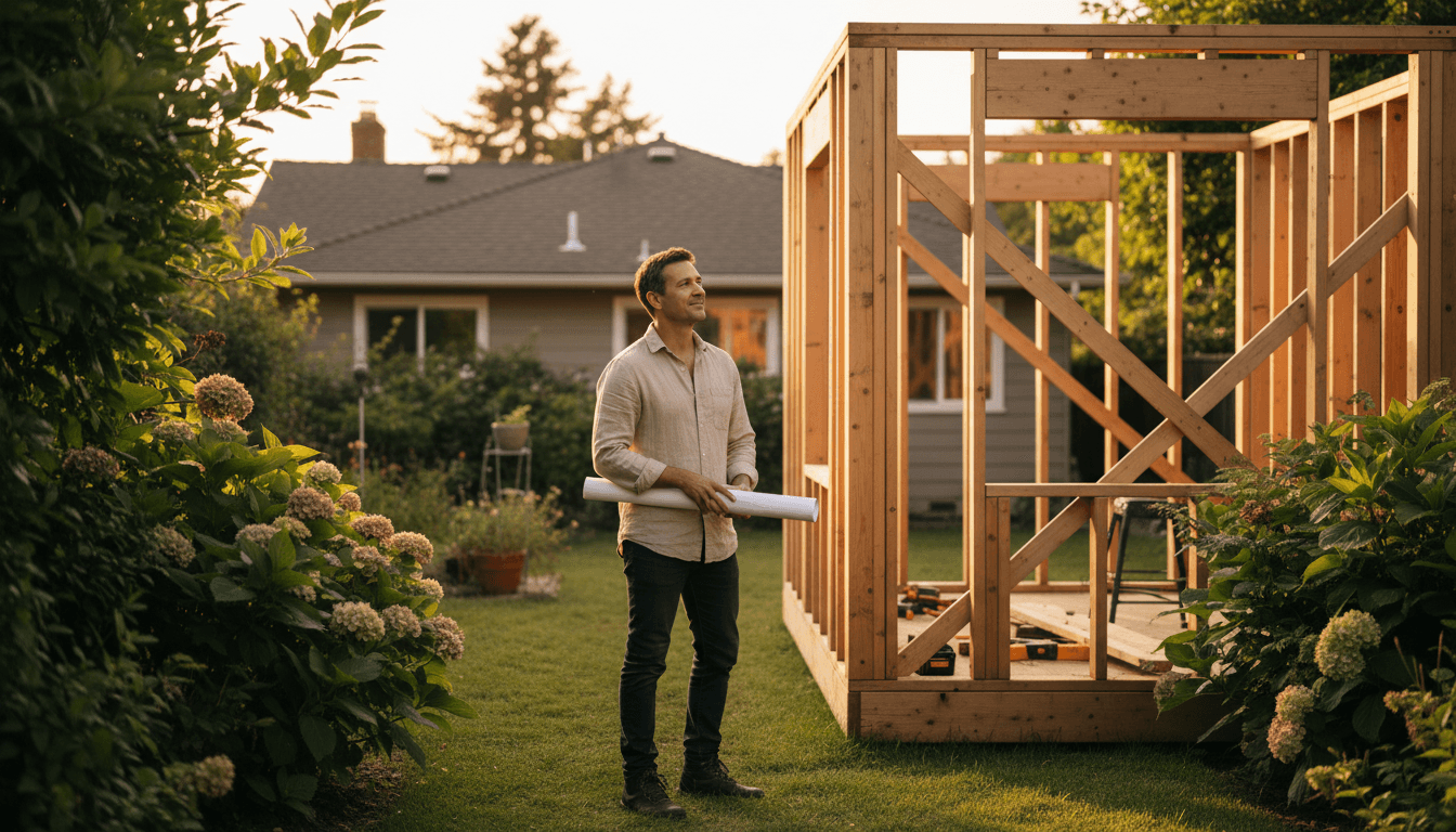 Homeowner reviewing ADU plans in backyard with construction underway