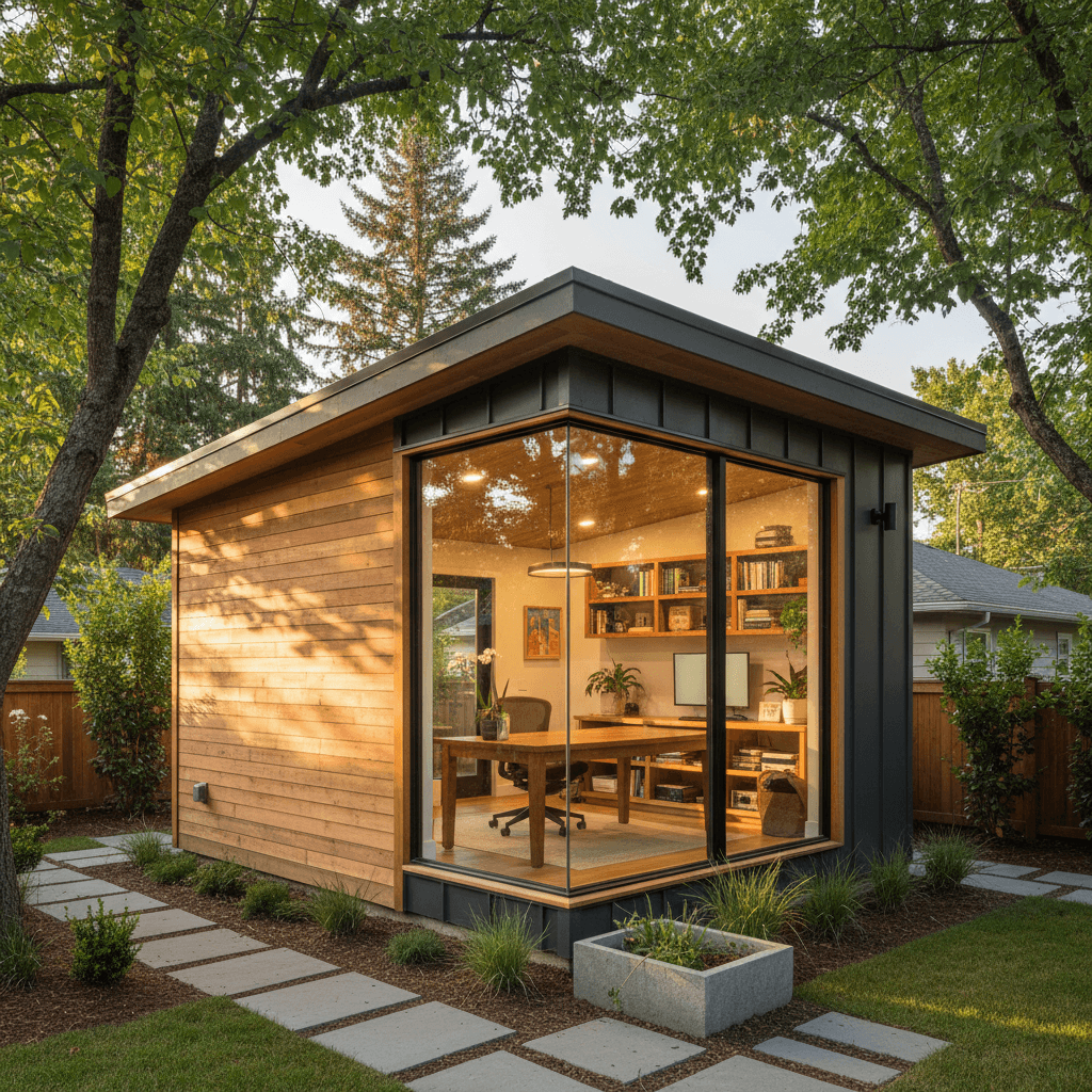 Completed backyard office ADU with interior lighting