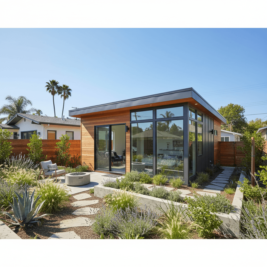 Completed ADU in residential backyard