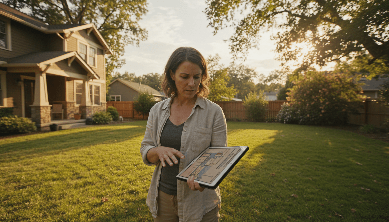 Homeowner reviewing ADU feasibility on tablet in backyard during planning process