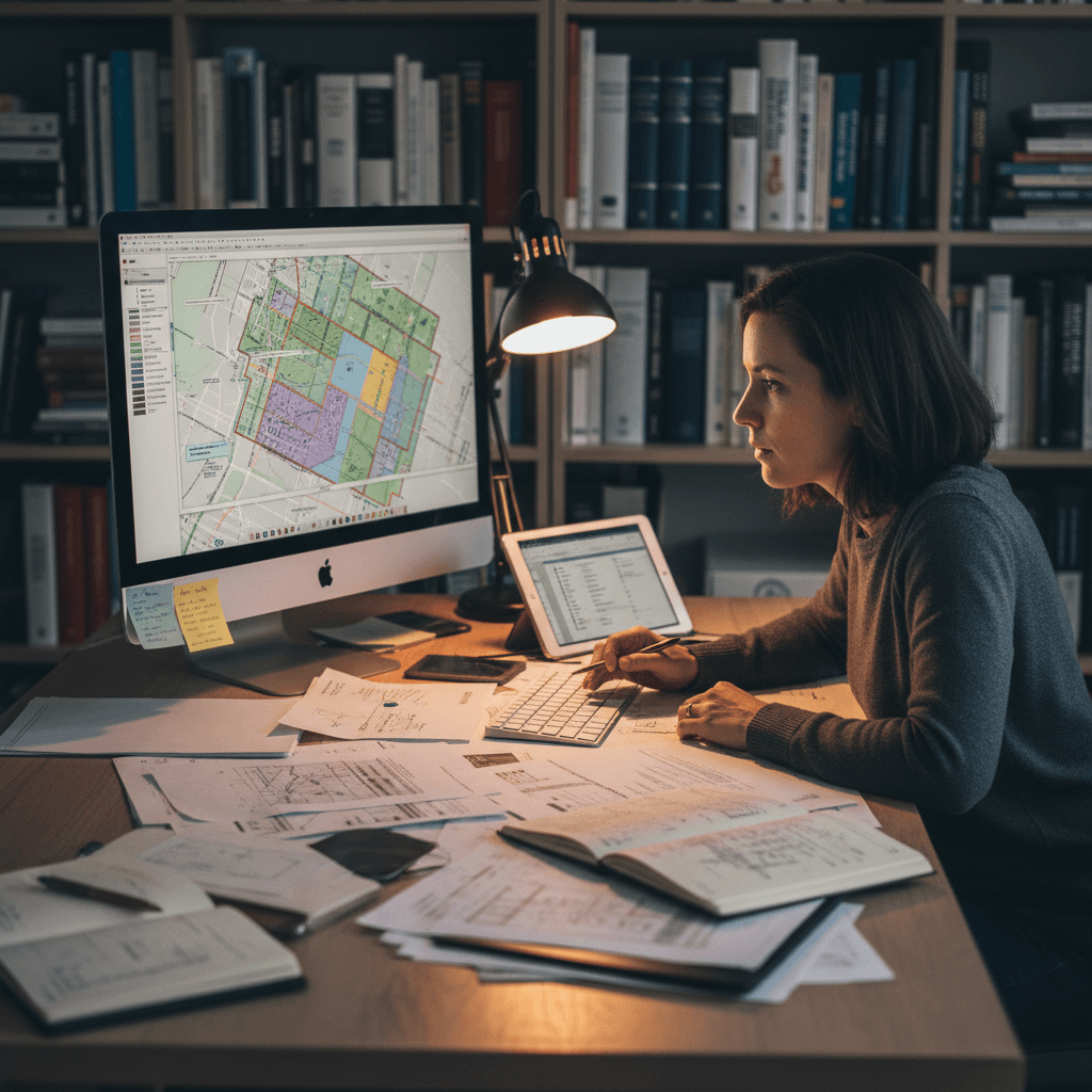Urban planner analyzing zoning and setback requirements