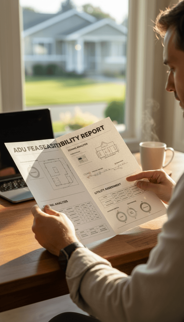 Homeowner reviewing ADU feasibility report with zoning and utility analysis at kitchen table