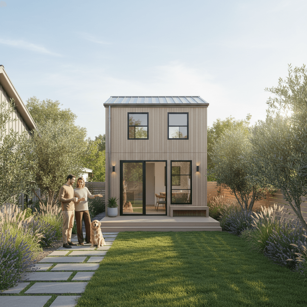 Completed ADU in residential backyard