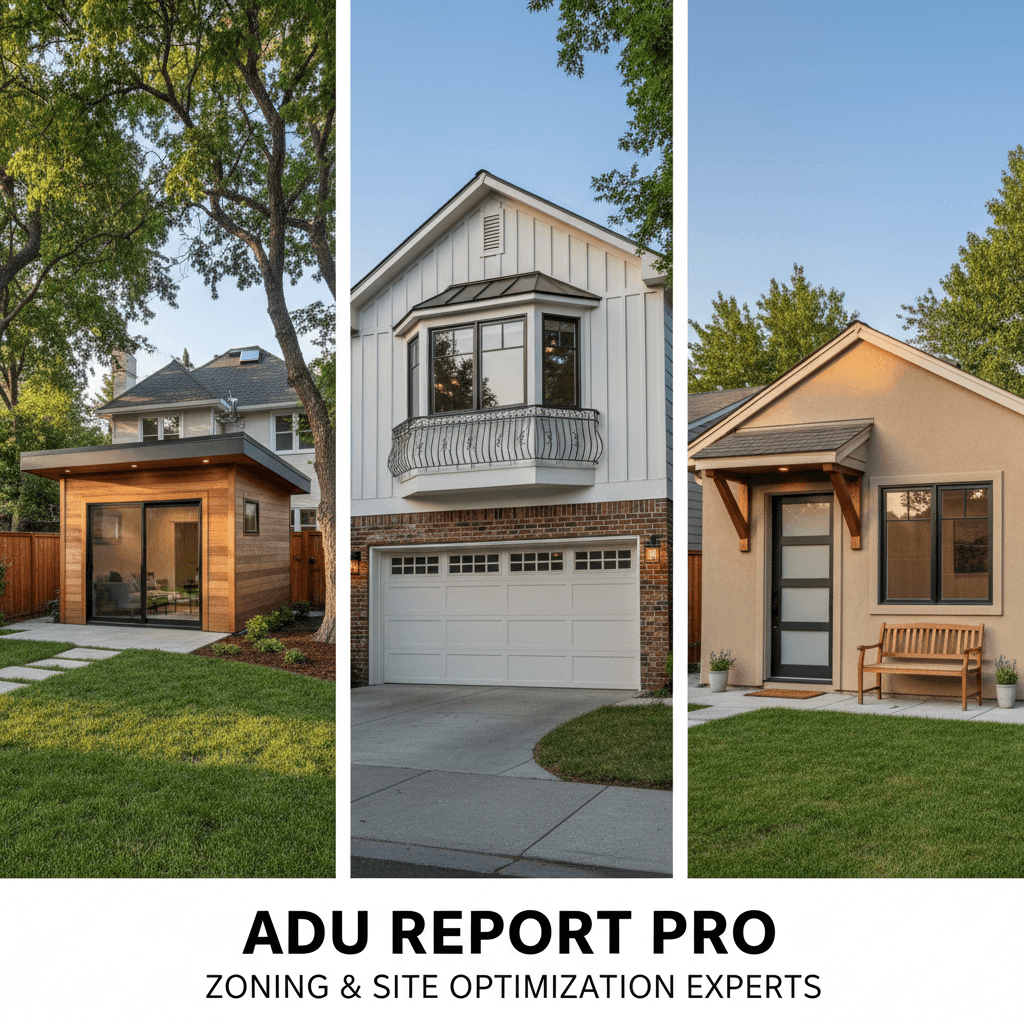Various ADU types: backyard office, second-story addition, and garage conversion