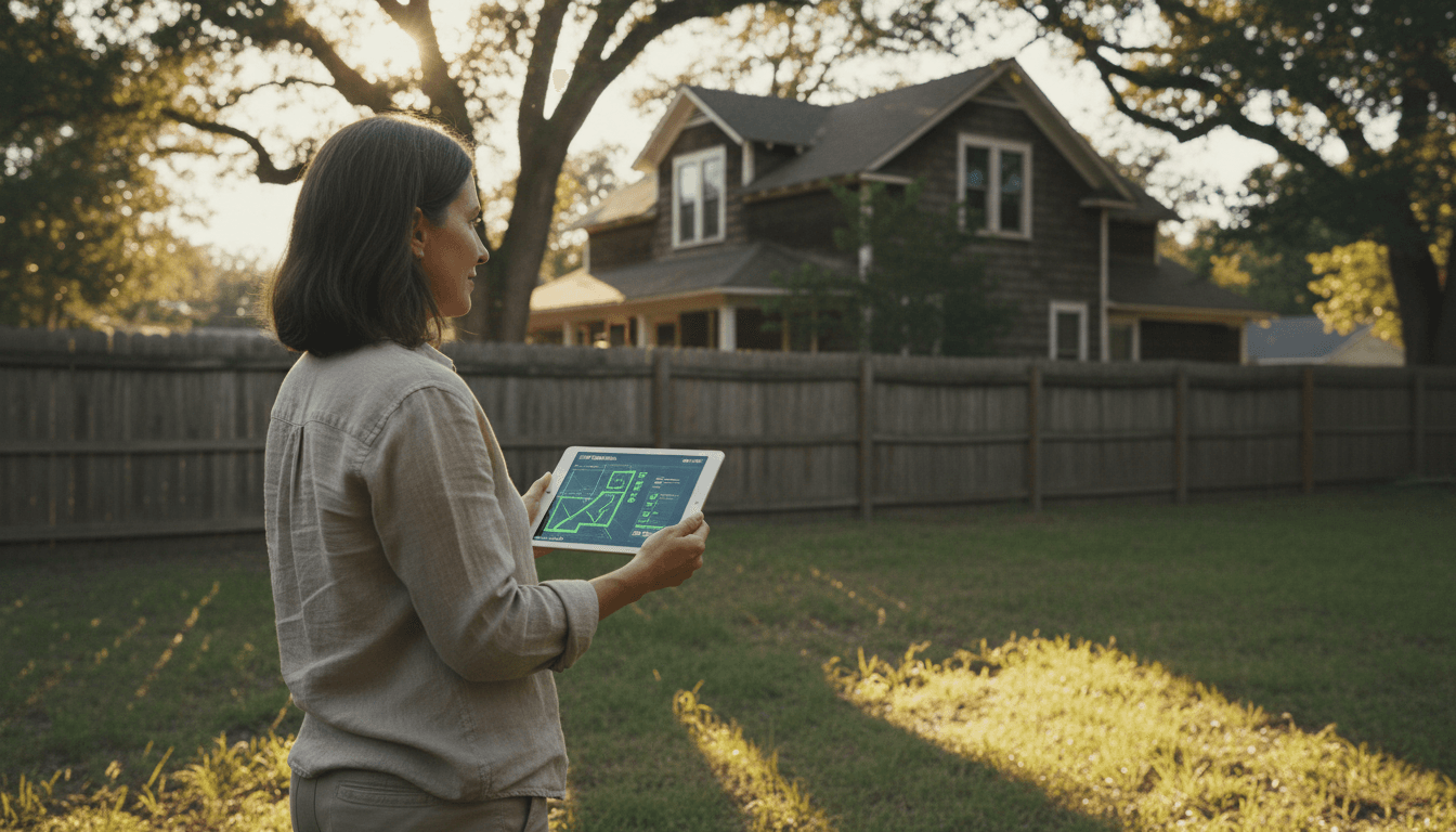 Homeowner reviewing ADU feasibility data on tablet in backyard