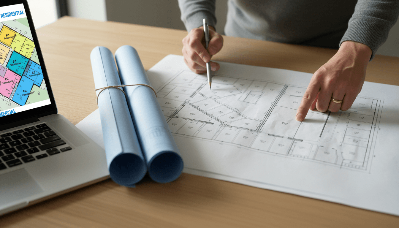 Architect reviewing ADU site plans and zoning documents at desk with natural lighting