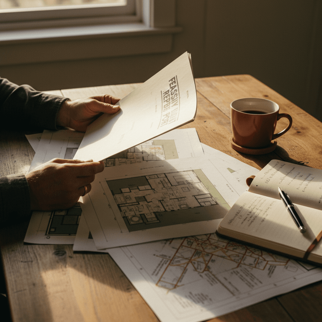 Homeowner reviewing ADU feasibility report with zoning documents