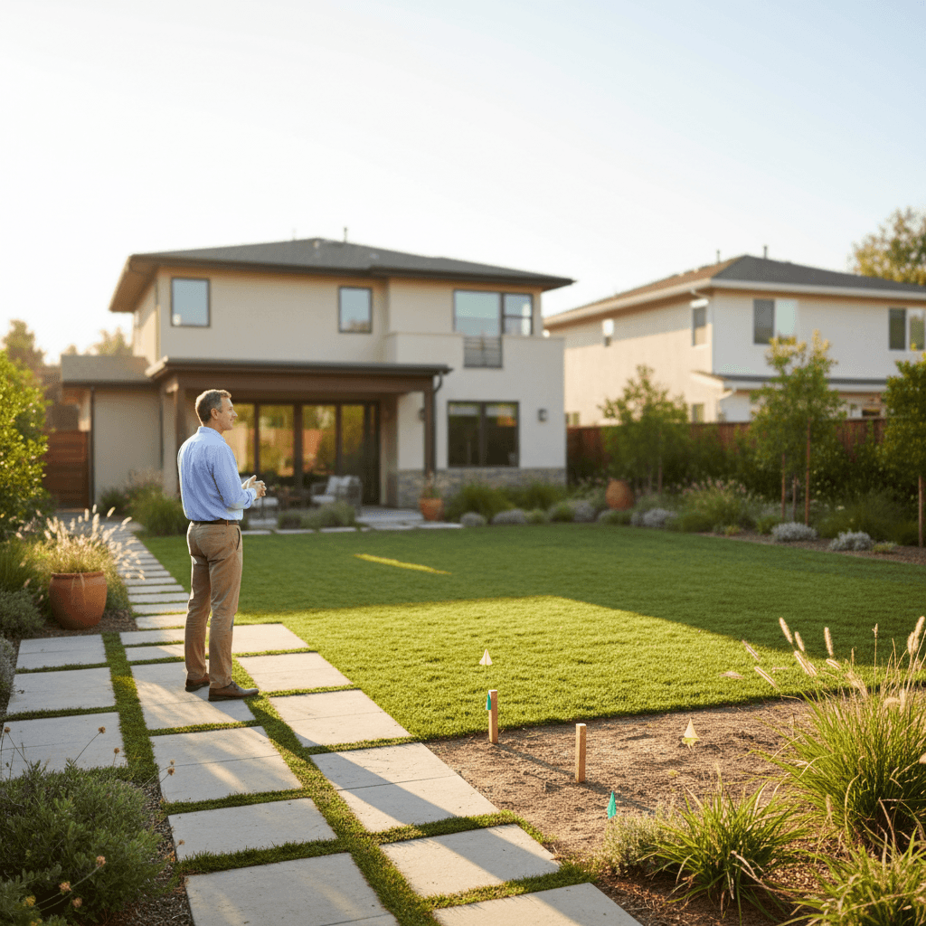 Homeowner evaluating backyard space for ADU potential