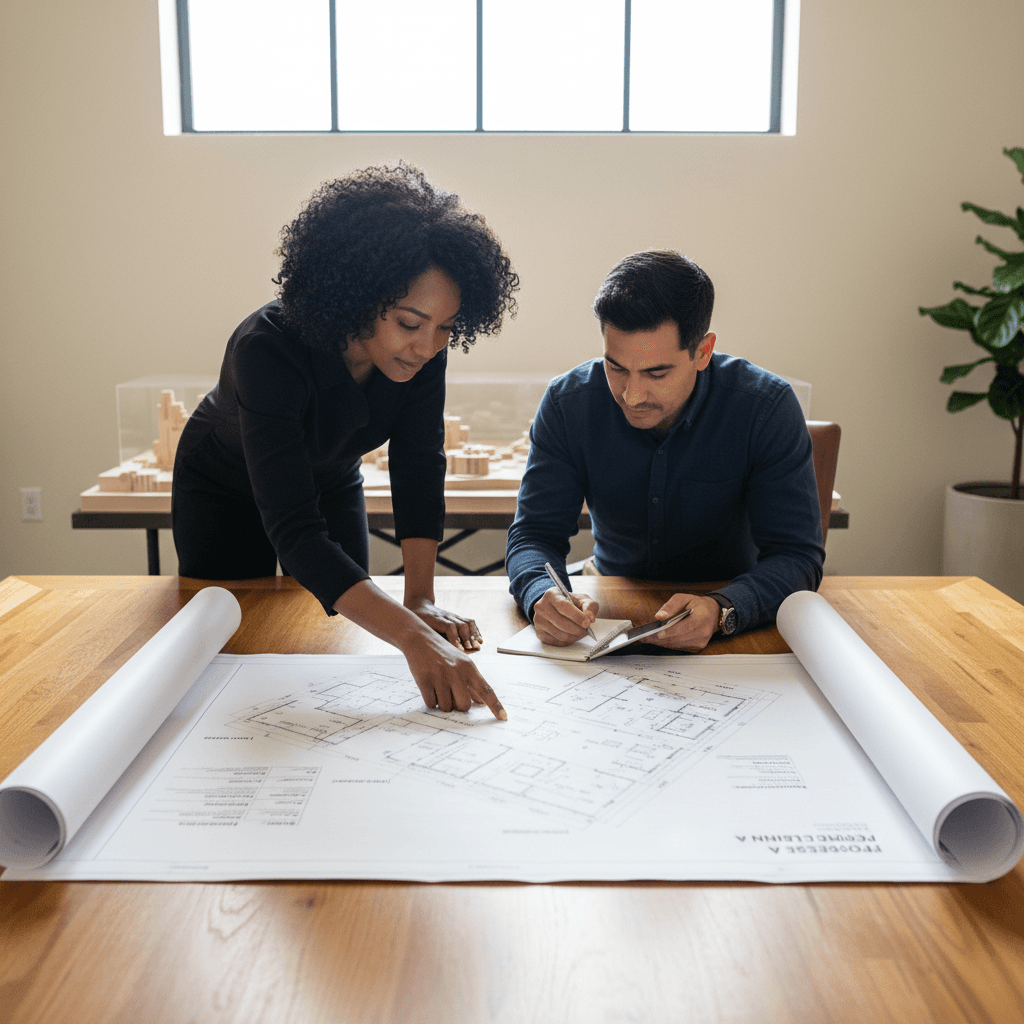Consultants reviewing ADU site plan together
